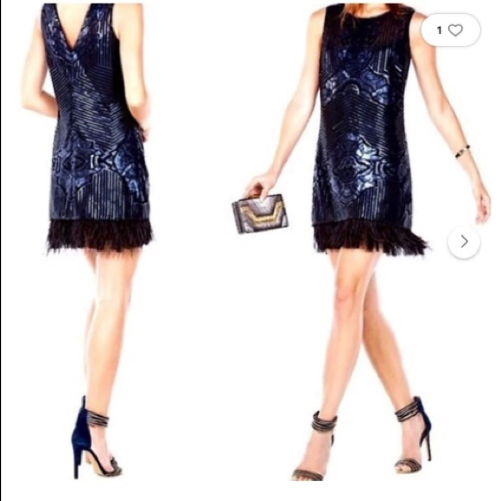 BCBG feathered navy sequin mini dress NWT